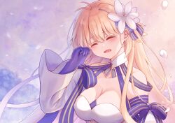  ^_^ antenna_hair archetype_earth arcueid_brunestud bare_shoulders blonde_hair blue_gloves blush breasts cleavage closed_eyes collarbone commentary_request detached_collar detached_sleeves fate/grand_order fate_(series) female flower gloves hair_between_eyes hair_flower hair_ornament hand_up happy highres hoshino_(gmve4cc) large_breasts long_hair long_sleeves open_mouth solo strapless tsukihime upper_body white_flower 