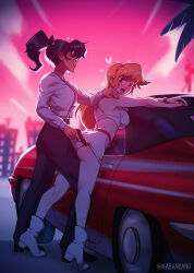  2girls aki_natsuko_(re:_cutie_honey) ass bang_dacy black_hair black_pants blue_eyes blush boots car closed_mouth collared_shirt commentary cutie_honey cutie_honey_(character) gun hand_on_another&#039;s_shoulder heart holding holding_gun holding_weapon leg_between_thighs long_hair long_sleeves meme motor_vehicle multiple_girls one_eye_closed open_mouth orange_hair outdoors palm_tree pants ponytail re:_cutie_honey shirt shorts smile sports_bra suspenders tree twitter_username weapon white_footwear white_shirt white_shorts white_sports_bra woman_holding_gun_to_another_woman&#039;s_thigh_(meme) yuri 