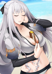  ak-12_(age_of_slushies)_(girls&#039;_frontline) ak-12_(girls&#039;_frontline) beach between_breasts bikini black_jacket blue_sky blurry blurry_background bottle breasts closed_eyes cloud collarbone female girls&#039;_frontline gradient_clothes gradient_jacket half_up_braid hand_on_own_cheek hand_on_own_face highres jacket long_hair multicolored_clothes multicolored_jacket nakiusagi navel ocean official_alternate_costume open_clothes open_jacket parted_lips sand sky smile solo swimsuit two-tone_jacket white_hair white_jacket 