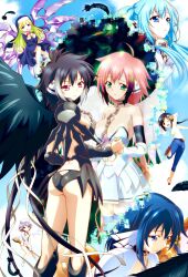  6+girls angel_wings ass black_feathers black_hair black_wings blue_eyes blue_hair blue_pants breasts broom broom_riding chains chaos_(sora_no_otoshimono) cleavage collar dress feathers gradient_hair green_eyes hair_ornament hairclip hat highres ikaros ikaros_melan kazane_hiyori large_breasts mechanical_wings metal_collar multicolored_hair multiple_girls nun nurse_cap nymph_(sora_no_otoshimono) oregano_(sora_no_otoshimono) pants pink_hair purple_eyes robot_ears sakurai_tomoyo_(sora_no_otoshimono) short_dress skirt sleeveless sleeveless_dress sora_no_otoshimono thighhighs v_over_eye watanabe_yoshihiro white_dress white_hair white_skirt white_thighhighs white_wings wings 