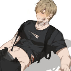  1boy bandage_on_face bandaged_arm bandaged_head bandaged_neck bandages black_pants black_straps blonde_hair blood blood_on_bandages blood_on_body blue_eyes boxers closed_mouth collarbone commentary crew_neck grey_male_underwear groin hair_over_one_eye hand_out_of_frame hashtag-only_commentary highres hip_bones jujeop leon_s._kennedy lying male_focus male_underwear midriff navel on_back one_eye_covered open_clothes open_pants pants resident_evil shadow shirt solo strap torn_clothes torn_shirt underwear white_background 