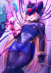  absurdres alternate_color android armor bliss_zero_(mega_man) blonde_hair blue_armor blue_helmet breasts cable commentary_request commission copy_x_(mega_man) corruption dark_persona female forehead_jewel genderswap_(mtf) glowing helmet highres holographic_interface kiwakiwa large_breasts long_hair mega_man_(series) mega_man_zero_(series) mind_control miniskirt open_mouth pink_lips pixiv_commission red_eyes robot_girl rule_63 skirt solo svc_chaos teeth tongue zero(z)_(mega_man) zero_(mega_man) 