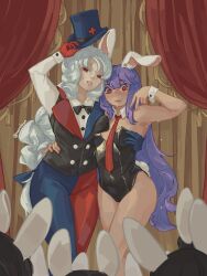  2girls absurdres alternate_costume black_leotard blush bow bowtie gloves grabbing_another&#039;s_breast groping harucyon4 hat highres leotard long_hair multiple_girls necktie playboy_bunny purple_hair red_eyes red_necktie reisen_udongein_inaba shame suit thighs top_hat touhou very_long_hair white_hair yagokoro_eirin 