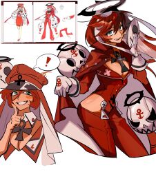  black_halo blue_eyes breasts cape cleavage concept_art female gloves guilty_gear guilty_gear_strive halo hat highres holding holding_mask jack-o jack-o&#039;_valentine jacket looking_at_viewer looking_up mask multiple_views red_cape red_hair red_hat red_jacket streetgear_game thinking white_gloves 