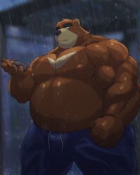  2024 absurd_res anthro bear belly big_belly black_nose bottomwear brown_body clothing english_text hi_res juuichi_mikazuki kemono male mammal moobs morenatsu musclegut muscular negitsururu nipples outside overweight overweight_male pants raining solo text 