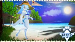  16:9 3d_(artwork) 3d_background 4k abs absurd_res anthro ariral beach bikini bikini_bottom bikini_top blue_hair bottomwear cecilia_(hibby3d) clothing digital_media_(artwork) digitigrade eyebrow_whiskers eyewear fangs female glasses grass hair hat headgear headwear hi_res hibby3d long_hair looking_at_viewer pale_skin pattern_bottomwear pattern_clothing plant sand sea solo spacecraft striped_bottomwear striped_clothing stripes sun sun_hat swimwear teeth tree two-piece_swimsuit vehicle voices_of_the_void water whiskers widescreen yellow_eyes 