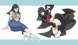  black_cloak black_gloves black_hair black_sclera black_skirt blue_eyes blue_pants blue_shirt breasts carly_nagisa cloak coke-bottle_glasses colored_sclera denim female fingerless_gloves full_body glasses gloves hood hooded_cloak izapara large_breasts medium_breasts midriff miniskirt multiple_views orange_vest pants round_eyewear shirt skirt striped_clothes striped_shirt two-tone_shirt vest white_shirt yu-gi-oh! yu-gi-oh!_5d&#039;s 