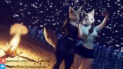  16:9 alba_(domibun) anthro beach big_breasts blue_eyes bottomwear breasts campfire canid canine cleavage clothed clothing duo female female/female fire fox fur gesture gisa_lenshin grey_body grey_fur grey_hair group group_picture hair hand_gesture happy hi_res hotpants mammal mature_female maxine_(domibun) night selfie shirt shorts smile tank_top tattoo thick_thighs topwear v_sign warfare_machine white_body white_fur white_hair widescreen 