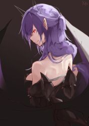  aesfixcia back back_focus bare_shoulders bat_wings black_dress breasts closed_mouth dark_background detached_sleeves dress elvira_(epic_seven) epic_seven female from_behind hair_ornament highres holding holding_own_hair large_breasts long_hair looking_at_viewer looking_back pointy_ears purple_hair red_eyes shoulder_blades sideboob signature smile solo spikes wings 