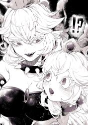  !? 2girls absurdres armlet bare_shoulders blush bowsette breasts brooch cleavage collar collarbone colored_eyelashes commentary_request crown earrings eye_contact highres horns jewelry looking_at_another mario_(series) monochrome multiple_girls open_mouth orabi pointy_ears princess_peach sharp_teeth smile spiked_collar spikes strapless teeth 