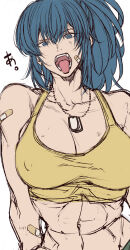  abs bandages blue_eyes blue_hair breasts dog_tags female leona_heidern looking_at_viewer medium_hair muscular muscular_female ponytail tank_top the_king_of_fighters tongue tongue_out yasunososaku 