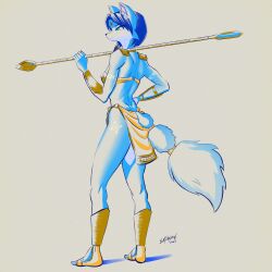  2024 5_fingers absurd_res anthro bandeau black_nose blue_body blue_fur blue_hair bottomwear canid canine clothed clothed_anthro clothed_female clothing female fingers footwear fox fur hair hi_res humanoid_hands krystal&#039;s_staff krystal_(star_fox) loincloth mammal nintendo sandals shoes signature solo staff standing star_fox sum5hadow tail topwear 