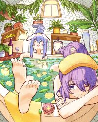  2girls ;) alternate_hairstyle animal_ears bad_id bad_twitter_id barefoot bath bathing bathtub blue_hair bottle commentary crossed_arms cup drinking_glass feet flower food fruit hair_between_eyes hair_bun highres hololive hololive_indonesia indoors leaf lemon lemon_slice long_hair moona_hoshinova multiple_girls nude oil_lamp one_eye_closed partially_submerged plant potted_plant purple_eyes purple_hair rabbit_ears red_flower rubber_duck same-sex_bathing shared_bathing shelf short_hair smile soles symbol-only_commentary toes usada_pekora virtual_youtuber water window wine_bottle wine_glass yurai0739 