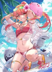  armpits artist_name bare_legs bikini blue_sky bracelet breasts circe_(fate) eyewear_on_head fate/grand_order fate_(series) female high_ponytail highres holding holding_stuffed_toy ichino_tomizuki jewelry long_hair looking_at_viewer nail_polish navel open_mouth orange_hair pink_bikini pointy_ears sandals sky small_breasts smile solo squatting stomach stuffed_animal stuffed_toy summer swimsuit teeth toenail_polish toenails two-tone_bikini two-tone_eyes water white_bikini 