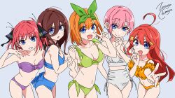  5girls absurdres artist_name bare_shoulders bikini blue_bikini blue_eyes blush brown_hair closed_mouth commentary_request cowboy_shot go-toubun_no_hanayome green_bikini green_hairband green_ribbons grey_background hair_between_eyes hair_ornament hairband halterneck hand_on_own_chin highres long_hair looking_at_viewer medium_hair multiple_girls nakano_ichika nakano_itsuki nakano_miku nakano_nino nakano_yotsuba navel open_mouth orange_bikini orange_hair pink_hair purple_bikini quintuplets red_hair ribbon short_hair siblings simple_background sisters smile star_(symbol) star_hair_ornament stomach strapless swimsuit tube_top v white_bikini zetsuyo_chimayo 