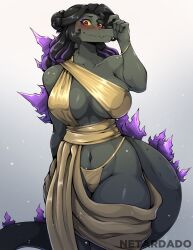  absurd_res anthro big_breasts breasts canid canine clothing dress female fingers godzilla godzilla_(series) grey_body grey_scales hair hi_res kaiju male mammal netardado purple_spikes reptile scales scalie simple_background smile solo spikes spikes_(anatomy) tail toho 