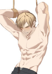  1boy abs absurdres armpits arms_up black_pants blonde_hair blue_eyes blush cowboy_shot grey_male_underwear grimace groin hair_over_one_eye highres hip_bones jujeop leon_s._kennedy male_focus male_underwear male_underwear_peek muscular muscular_male navel one_eye_closed open_pants pants pectorals resident_evil restrained rope simple_background solo sweat sweatdrop teeth underwear white_background wince 