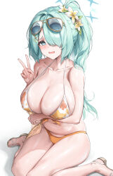  absurdres aqua_hair arm_under_breasts bikini blue_archive breasts cleavage commentary embarrassed eyewear_on_head female floral_print_bikini hair_over_one_eye highres hiyori_(blue_archive) hiyori_(swimsuit)_(blue_archive) huge_breasts long_hair looking_at_viewer navel official_alternate_costume plump samart sandals side_ponytail sitting solo sunglasses swimsuit symbol-only_commentary v wariza white_bikini 