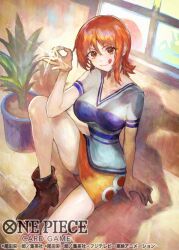  boots brown_footwear commentary_request female looking_at_viewer nami_(one_piece) nijimaarc official_art ok_sign one_piece one_piece_card_game orange_eyes orange_hair orange_skirt plant potted_plant shirt short_hair single_sidelock skirt solo t-shirt tongue tongue_out 