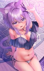  ahoge animal_ears bare_shoulders bikini black_bikini blush breasts cat_ears cat_girl cat_tail cleavage commentary_request female highres hololive large_breasts medium_hair nekomata_okayu partially_submerged purple_eyes purple_hair purple_tail shadow sitting solo spaghetti_strap swimsuit tail toketa_neko virtual_youtuber 