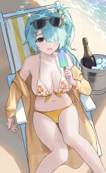  absurdres aqua_hair aqua_halo beach bikini blue_archive breasts bucket chinese_commentary coat commentary_request cup drinking_glass eyewear_on_head female food green_eyes hair_over_one_eye halo halterneck highres hiyori_(blue_archive) hiyori_(swimsuit)_(blue_archive) holding holding_food holding_ice_cream ice_cream large_breasts long_sleeves looking_at_viewer off_shoulder official_alternate_costume one_eye_covered open_mouth shortofsugar side_ponytail sitting solo swimsuit wine_glass yellow_bikini yellow_coat 