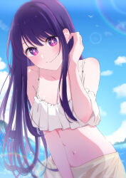  absurdres adjusting_hair bare_shoulders bikini blue_sky blush breasts cleavage closed_mouth collarbone commentary day eyelashes eyes_visible_through_hair female hair_behind_ear hair_between_eyes hand_up highres hoshino_ai_(oshi_no_ko) lens_flare long_hair looking_at_viewer medium_breasts midriff navel ocean off-shoulder_bikini off_shoulder oshi_no_ko outdoors purple_eyes purple_hair sidelocks sky smile solo spaghetti_strap split_mouth star-shaped_pupils star_(symbol) stomach straight_hair swimsuit symbol-shaped_pupils upper_body very_long_hair watano_yuki white_bikini 