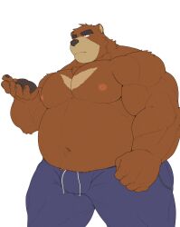  2024 absurd_res anthro bear belly big_belly black_nose bottomwear brown_body bulge clothing hi_res juuichi_mikazuki kemono male mammal moobs morenatsu musclegut muscular negitsururu nipples overweight overweight_male pants simple_background solo white_background 