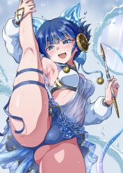  armpits ass blue_eyes blue_hair cat_ears cat_tail clothed duel_monster female hair_ornament i-pose lifting_leg ni-ni_the_mirror_mikanko panties smile stomach tagme_(artist) two_tails water yu-gi-oh! 