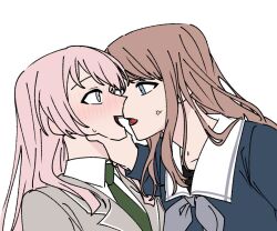  2girls a_jak bang_dream! bang_dream!_it&#039;s_mygo!!!!! blue_eyes blue_shirt blush brown_hair chihaya_anon closed_mouth collared_shirt dutch_angle eye_contact green_necktie grey_eyes grey_jacket haneoka_school_uniform imminent_kiss jacket long_hair looking_at_another multiple_girls nagasaki_soyo necktie open_mouth pink_hair sailor_collar school_uniform shirt simple_background sweatdrop tsukinomori_school_uniform upper_body white_background white_sailor_collar white_shirt yuri 