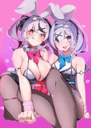  2girls alternate_breast_size amane_kanata animal_ears bare_shoulders black_hair black_leotard blue_hair breasts bunny_day chest_harness cleavage detached_collar fake_animal_ears fake_tail fishnet_pantyhose fishnets grey_hair hair_ornament hairband harness heart high_ponytail highres hololive large_breasts leotard long_hair medium_breasts multicolored_hair multiple_girls open_mouth pantyhose pink_background pink_ribbon playboy_bunny purple_eyes rabbit_ears rabbit_hole_(vocaloid) rabbit_tail red_eyes ribbon sakamata_chloe simple_background streaked_hair tail tongue tongue_out twintails two-tone_hair virtual_youtuber vocaloid white_hairband x_hair_ornament yamaki_(yamaki801) 