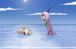  anthro bikini black_nose blep blue_eyes clothing cloud domestic_cat dreamkeepers duo felid feline felis female fur green_eyes hair hi_res horn lizard mace_(dreamkeepers) male male/female mammal namah_calah partially_submerged pink_body pink_hair pink_skin reptile scalie sporefox sporefox1 swimwear tail tan_body tan_fur tongue tongue_out two-piece_swimsuit 