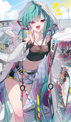  absurdres ahoge aqua_nails breasts coat collarbone commentary contrail crop_top female hand_up hatsune_miku heart heart_in_mouth highres hood hood_up long_hair long_sleeves looking_at_viewer medium_breasts midriff nail_polish oerba_yun_fang open_clothes open_coat open_mouth qys3 shorts sidelocks skate_park skateboard solo standing twintails utility_pole very_long_hair vocaloid white_coat white_shorts 