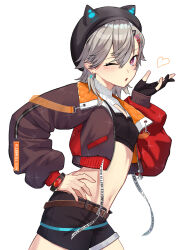  animal_ear_headwear belt black_shorts blowing_kiss breasts brown_belt crop_top female gloves grey_hair hair_ornament hairclip hand_on_own_hip hat hat_with_ears highres jacket komori_met komori_met_(5th_costume) looking_at_viewer marking_on_cheek medium_hair midriff multicolored_clothes multicolored_jacket nananamako navel orange_jacket partially_fingerless_gloves planet_earrings purple_eyes quilted_jacket ribbed_shirt shirt shorts simple_background single_glove small_breasts solo stomach triangle_facial_mark triangle_hair_ornament virtual_youtuber vspo! white_background zenkou_ex 