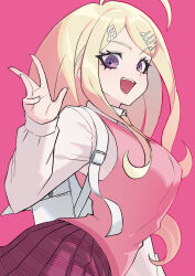  absurdres ahoge akamatsu_kaede blonde_hair breasts collared_shirt danganronpa_(series) danganronpa_v3:_killing_harmony eighth_note eyelashes female from_side hair_ornament highres korean_commentary long_hair long_sleeves looking_at_viewer musical_note musical_note_hair_ornament musical_note_print necktie open_mouth orange_necktie pink_background pink_sweater_vest pink_vest pleated_skirt purple_eyes ringed_eyes shirt skirt smile sweater_vest ttegi_(ddeck_dg) upper_body vest waving white_bag white_shirt 