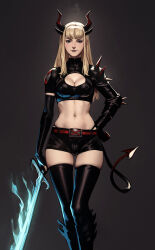  armor belt black_gloves blonde_hair boots breasts cleavage cleavage_cutout clothing_cutout demon_girl demon_horns demon_tail elbow_gloves female flaming_sword flaming_weapon gloves hand_on_own_hip highres horns long_hair looking_at_viewer magik_(x-men) marvel midriff short_shorts shorts shoulder_armor simple_background solo spiked_armor tail tarakanovich thigh_boots x-men 