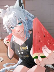  ahoge animal_ear_fluff animal_ears aqua_eyes black_shirt blush braid breasts cleavage earrings extra_ears female food fox_ears fox_girl fruit hand_up holding holding_food hololive incoming_food indoors jewelry long_hair looking_at_viewer official_alternate_costume open_mouth pov reaching reaching_towards_viewer sashimi_(xoxosashimixoxo) shirakami_fubuki shirakami_fubuki_(loungewear) shirt side_braid sidelocks single_earring sitting solo thighs twitter_username very_long_hair virtual_youtuber watermelon watermelon_slice white_hair 