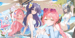  5girls alternate_costume animal_ears arm_up aru_(blue_archive) beach blue_archive blue_eyes blue_shorts blue_sky blush breasts brown_horns cleavage closed_eyes closed_mouth cloud coconut commentary_request eyewear_on_head flower food grey_hair hair_flower hair_ornament halo hammock heart heart-shaped_eyewear heart_arms highres holding holding_food holding_popsicle horns korean_commentary large_breasts long_sleeves looking_at_viewer mechanical_halo medium_breasts mika_(blue_archive) miyako_(blue_archive) multiple_girls ocean open_mouth outdoors palm_tree pink_hair popsicle shiroko_(blue_archive) shirt shorts sitting sky smile sugarhigh swim_ring tree two_side_up white_shirt wolf_ears yellow_eyes yuuka_(blue_archive) 