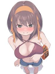  absurdres barefoot bikini blue_shorts blush breast_press breasts cleavage closed_mouth collarbone commentary_request criss-cross_halter female from_above hairband halterneck highres looking_at_viewer medium_breasts navel nose_blush orange_armband orange_hairband rai_iceblast red_bikini shorts simple_background solo standing suzumiya_haruhi suzumiya_haruhi_no_yuuutsu sweat swimsuit white_background 