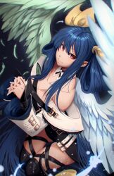  absurdres angel_wings asymmetrical_wings bare_shoulders belt black_thighhighs blue_hair blurry breasts cleavage closed_mouth collarbone commentary depth_of_field detached_collar detached_sleeves dizzy_(guilty_gear) eyebrows_hidden_by_hair feathered_wings feathers female guilty_gear guilty_gear_xrd hair_between_eyes hair_ribbon hair_rings highres interlocked_fingers jesse_schickler large_breasts long_hair looking_at_viewer own_hands_together red_eyes ribbon smile solo tail thigh_strap thighhighs thighs twintails very_long_hair white_belt wide_sleeves wings yellow_ribbon 