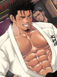  1boy abs bara bare_pectorals black_hair chun_(luxtan) dougi facial_hair goatee karate_gi large_pectorals male_focus muscular muscular_male navel navel_hair nipples original paid_reward_available pectorals smile sweat upper_body 