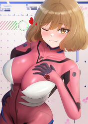  absurdres anis_(nikke) blush bodysuit breasts brown_hair commentary_request cosplay covered_navel female goddess_of_victory:_nikke heart highres large_breasts looking_at_viewer makinami_mari_illustrious makinami_mari_illustrious_(cosplay) neon_genesis_evangelion one_eye_closed pilot_suit pink_bodysuit plugsuit rebuild_of_evangelion shiny_clothes short_hair smile solo standing zion_rss 