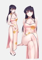  black_eyes black_hair breasts china_dress chinese_clothes cleavage cleavage_cutout clothing_cutout commentary_request commission crossed_legs dress feet_out_of_frame female floral_print full_body grey_background highres komi-san_wa_komyushou_desu long_hair medium_hair multiple_views pink_dress simple_background standing yuuji_(and) 