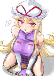  0002koko absurdres blonde_hair breasts female hair_ribbon highres large_breasts long_hair looking_at_viewer naked_tabard purple_eyes purple_tabard ribbon sideboob sitting tabard tongue tongue_out touhou yakumo_yukari 