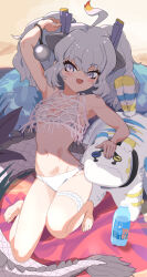  animal_ears beach bikini bottle dragon_girl dragon_horns dragon_tail extra_ears female frills grey_hair highres horns kemono_friends kunikuni_(kunihiro2005) long_hair looking_at_viewer outdoors purple_eyes swimsuit tail twintails white_dragon_(kemono_friends) 