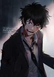  1boy black_necktie black_suit blood blood_on_chest blood_on_face blue_eyes brown_hair commentary_request dated_commentary floating_clothes floating_hair grin highres looking_at_viewer male_focus matsuda_jinpei meitantei_conan necktie open_mouth remsor076 short_hair signature smile solo suit torn_clothes twitter_username upper_body 