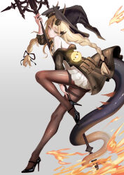  absurdres arknights black_hat black_horns black_jacket black_pantyhose blonde_hair braid closed_mouth dragon_girl dragon_horns dragon_tail dress female flame-tipped_tail green_eyes hat highres holding holding_wand horns jacket long_hair long_sleeves long_tail looking_at_viewer multiple_horns mumi_daohu off_shoulder official_alternate_costume paid_reward_available pantyhose reed_(arknights) reed_the_flame_shadow_(arknights) reed_the_flame_shadow_(curator)_(arknights) smile solo tail wand white_dress witch_hat 