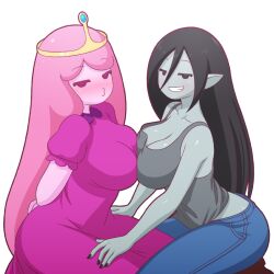  2girls adventure_time animification arms_behind_back black_hair black_nails blush breast_press breasts cleavage colored_skin denim dress grey_skin grey_tank_top hand_on_another&#039;s_leg jeans large_breasts long_hair marceline_abadeer mike_inel multiple_girls o3o oerba_yun_fang pants pink_dress pink_hair pink_skin pointy_ears princess_bonnibel_bubblegum smile symmetrical_docking tank_top tiara transparent_background vampire very_long_hair 