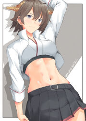  black_skirt brown_eyes cowboy_shot female flipped_hair gold_hairband hairband headgear hiei_(kancolle) hiei_(race_queen)_(kancolle) highres jacket kantai_collection midriff navel official_alternate_costume pleated_skirt popped_collar purple_eyes race_queen shirt short_hair skirt solo standing taira_yuuki white_jacket white_shirt 