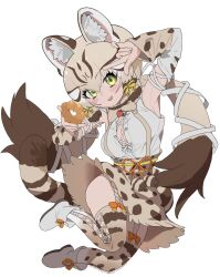  animal_ears boots bow bowtie cat_ears cat_girl cat_tail doughnut extra_ears female food full_body garter_straps geoffroy&#039;s_cat_(kemono_friends) green_eyes grey_hair highres kemono_friends kemono_friends_v_project kunikuni_(kunihiro2005) long_hair looking_at_viewer microphone pon_de_ring ribbon shirt simple_background skirt solo suspenders tail thighhighs twintails virtual_youtuber 