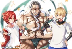  3boys ;d ^_^ abs arurandeisu arurandeisu_(old_design) beard black_undershirt blue_shorts briefs closed_eyes closed_mouth copyright_notice cowboy_shot double_biceps_pose dumbbell dumbbell_nan_kilo_moteru? exploding_clothes facial_hair flexing flower glasses grey_hair grin hair_between_eyes hair_flower hair_ornament hair_slicked_back hairclip half_updo hanasaki_miyabi hand_on_own_hip hand_up hands_up holding_dumbbell holostars kishido_temma large_pectorals layered_sleeves long_sleeves looking_at_viewer male_focus male_underwear mature_male midriff_peek multiple_boys muscular muscular_male necktie official_art one_eye_closed orange_shorts pectorals plan_(planhaplalan) red_hair shirt short_hair short_over_long_sleeves short_sleeves shorts shredded_muscles smile sparkle t-shirt topless_male underwear upper_body v-taper virtual_youtuber white_background white_necktie white_shirt yellow_eyes yurustars 